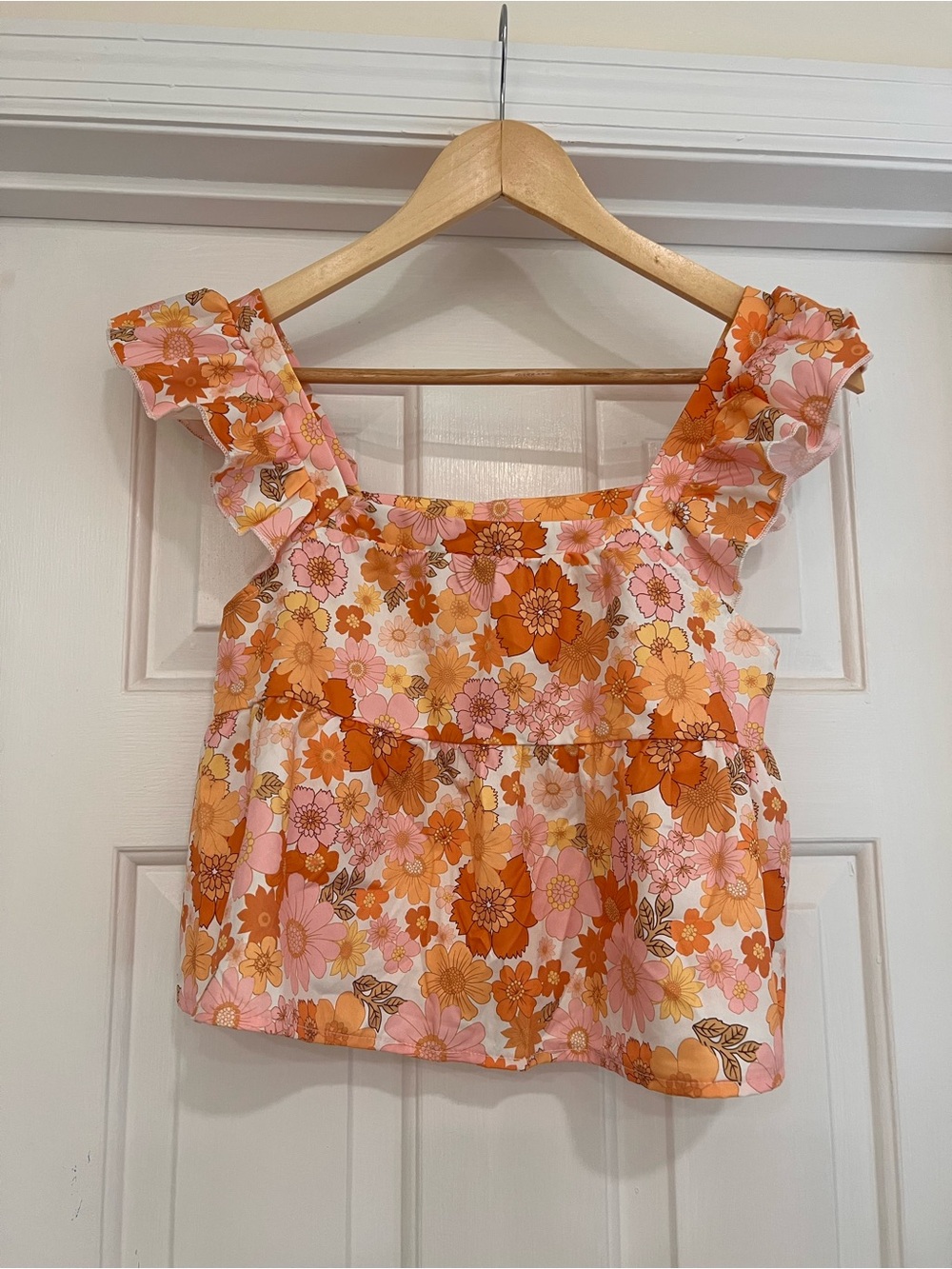 SHEIN XS Floral Peplum Top Ruffle Sleeves Pink Orange Y2K Cottagecore